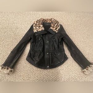 Andrew Marc Black Leather Jacket w/ Leopard Fur Collar & Cuffs Moto Style Large
